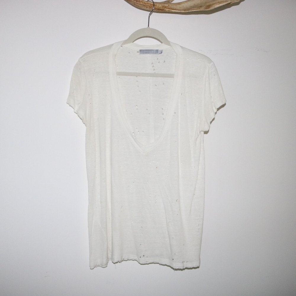 ARTICLE White Tee with Distressed Holes